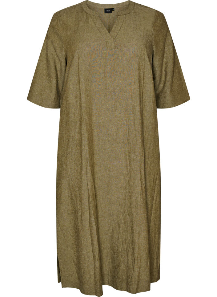 Midi dress in linen and viscose with 1/2 sleeves, Green, Packshot image number 0