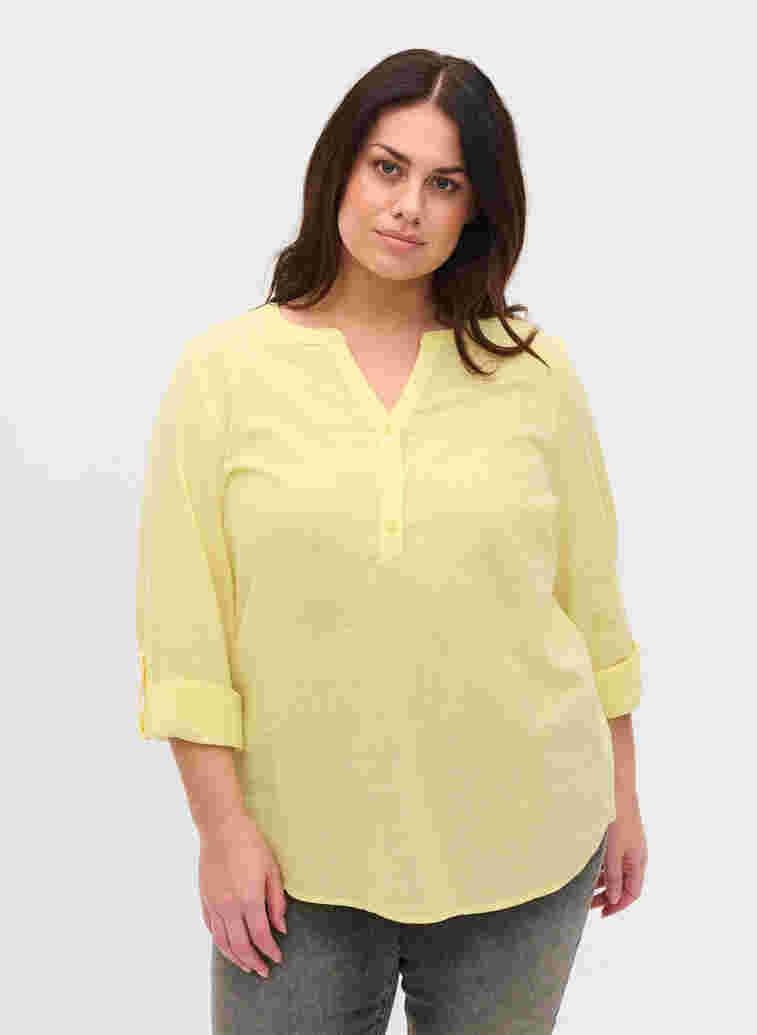 Shirt blouse in cotton with a v-neck, Yellow, Model image number 0