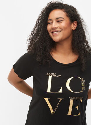 Short-sleeved cotton t-shirt with print, Black Love, Model image number 2