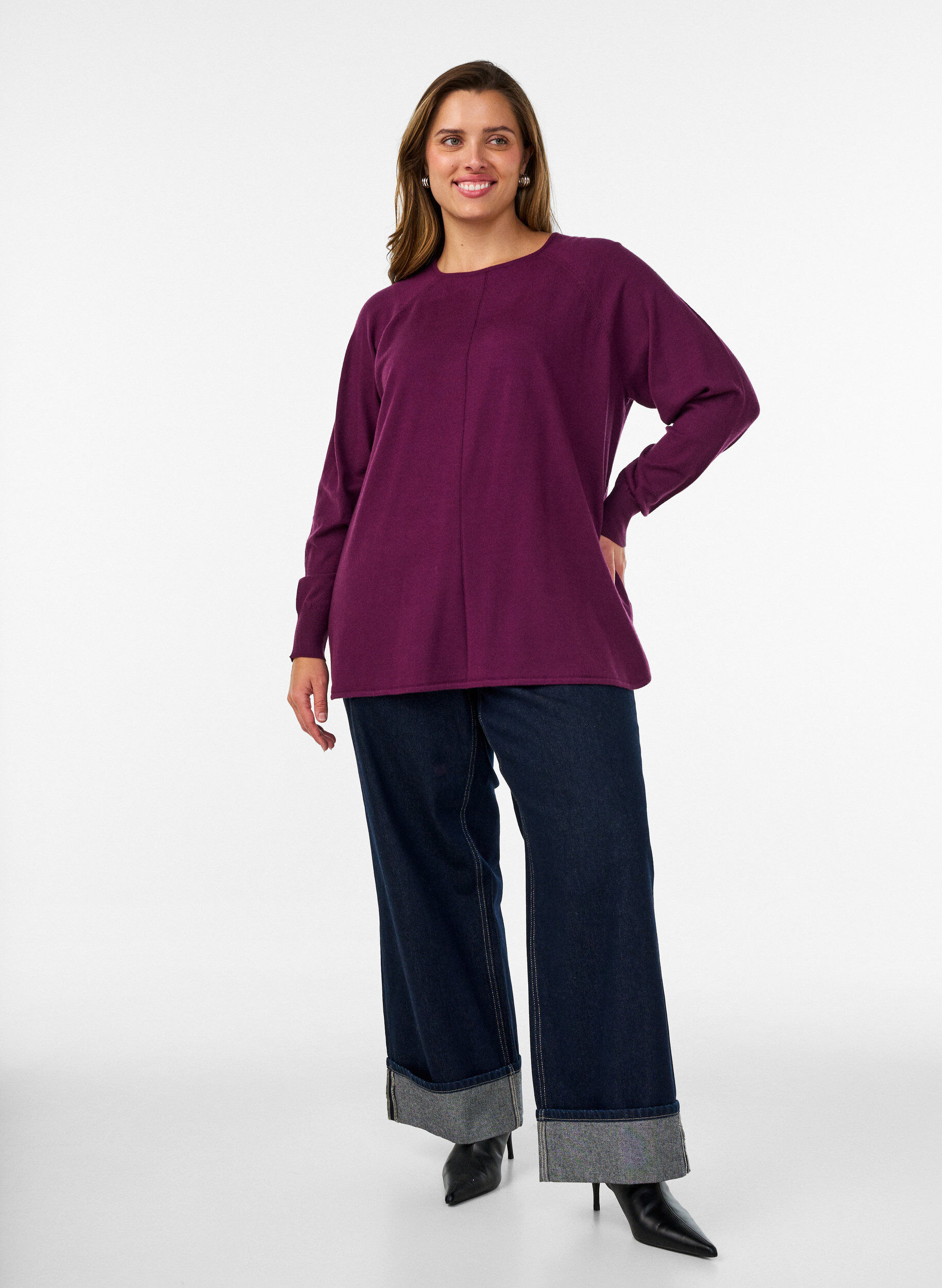ZizzifashionKnitted blouse with round neck and knitted pattern, Red, Model image number 1