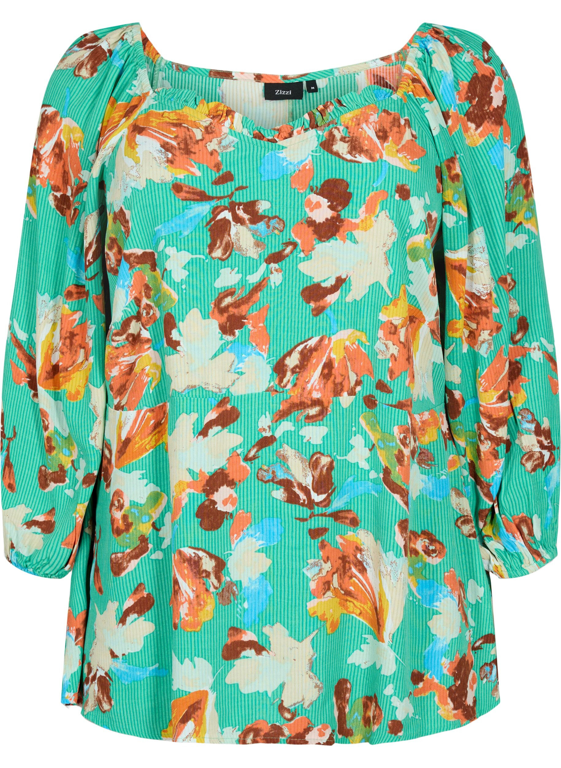 Zizzifashion Printed viscose blouse with 3/4 sleeves, Green, Packshot image number 0