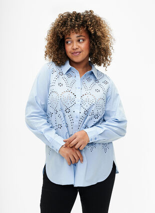 Cotton shirt with broderie anglaise, Chambray Blue, Model image number 0