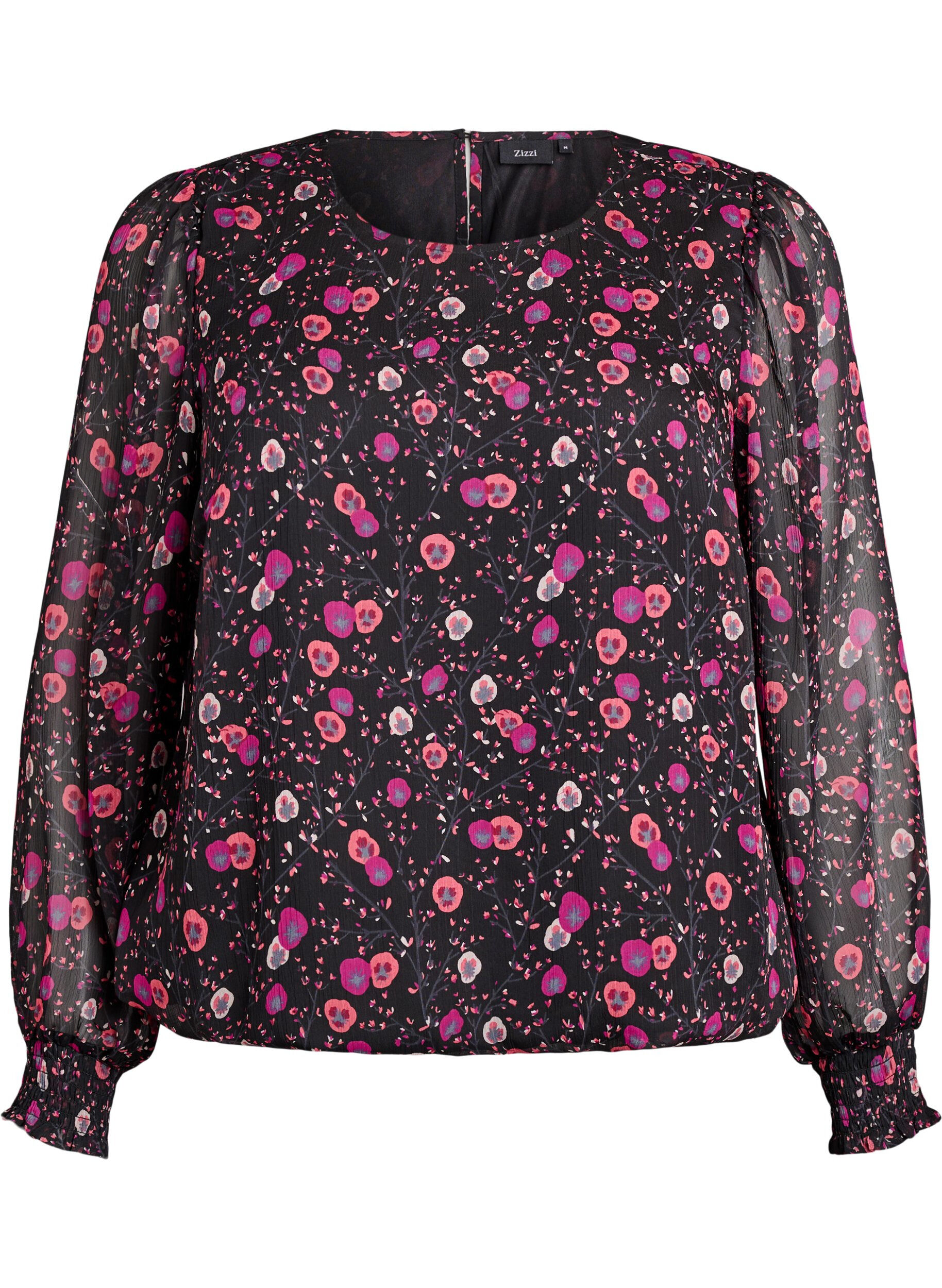 Floral chiffon blouse with sheer sleeves