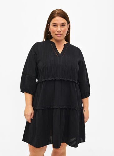 3/4 sleeve cotton dress with ruffles, Black, Model image number 0