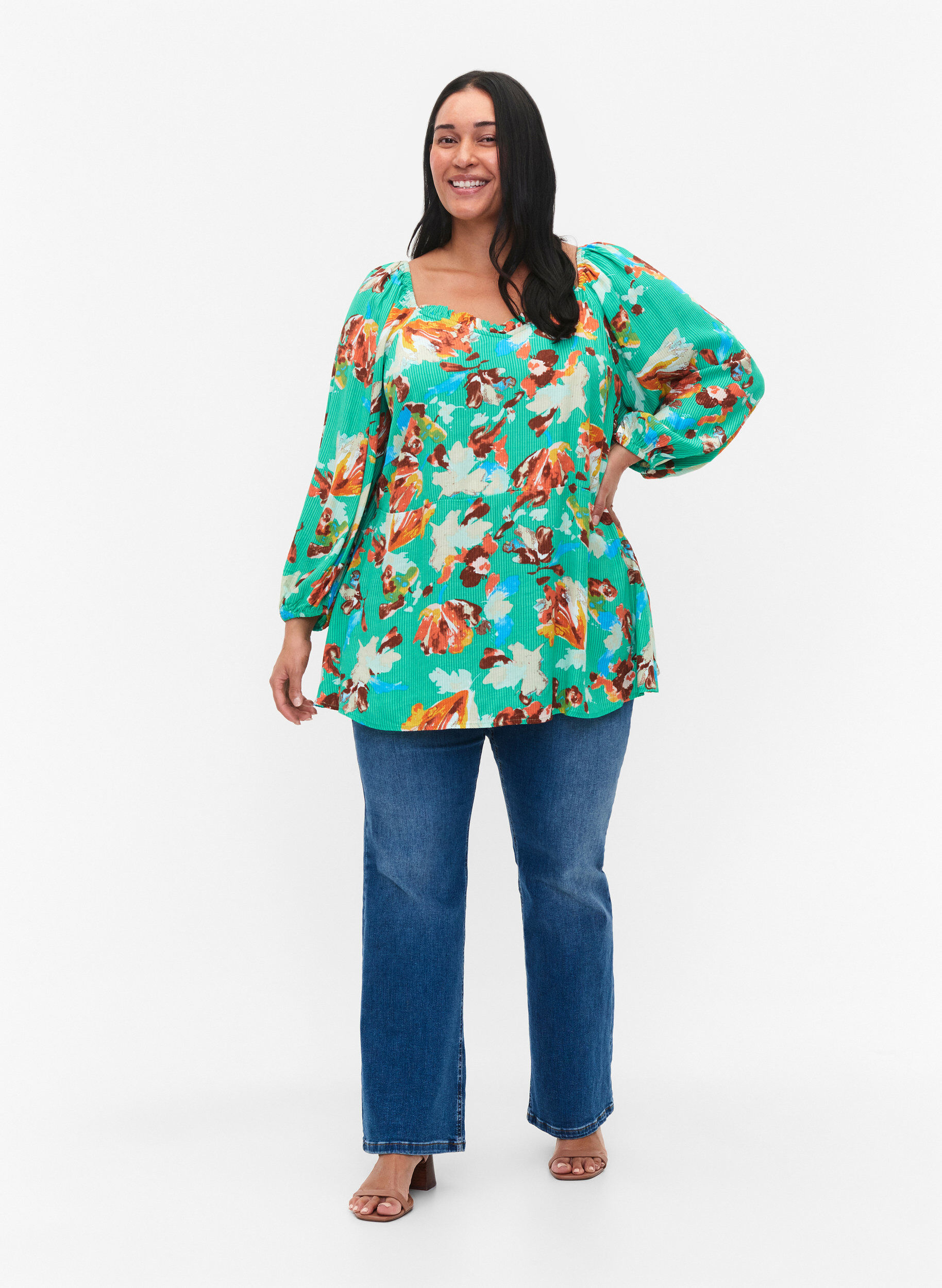 Zizzifashion Printed viscose blouse with 3/4 sleeves, Green, Model image number 1