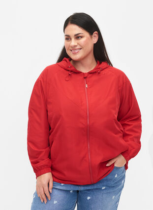 Short jacket with hood and adjustable bottom, Tango Red, Model image number 0