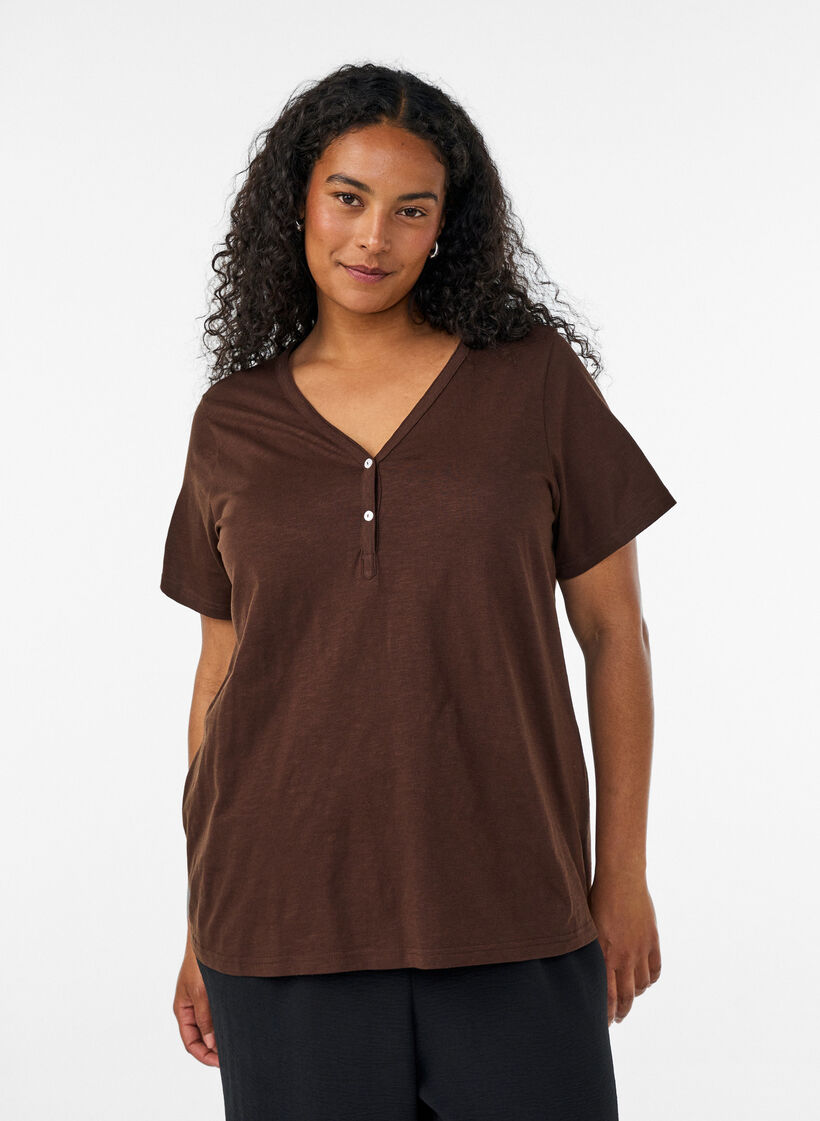 T-shirt with button detail, Brown, Model image number 0