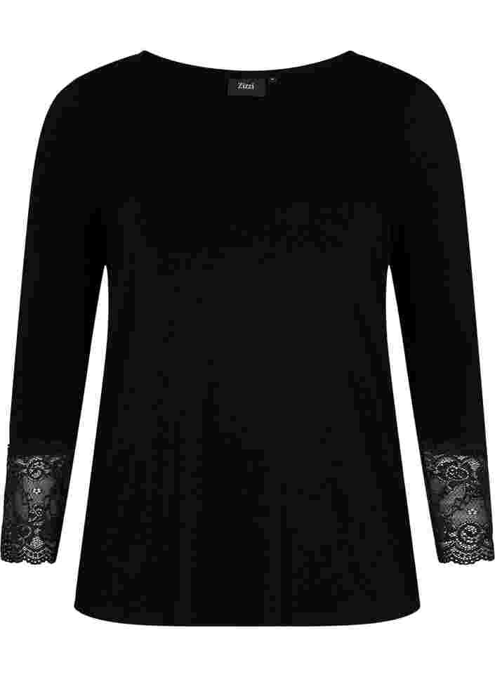 Long-sleeved viscose blouse with lace detail, Black, Packshot image number 0