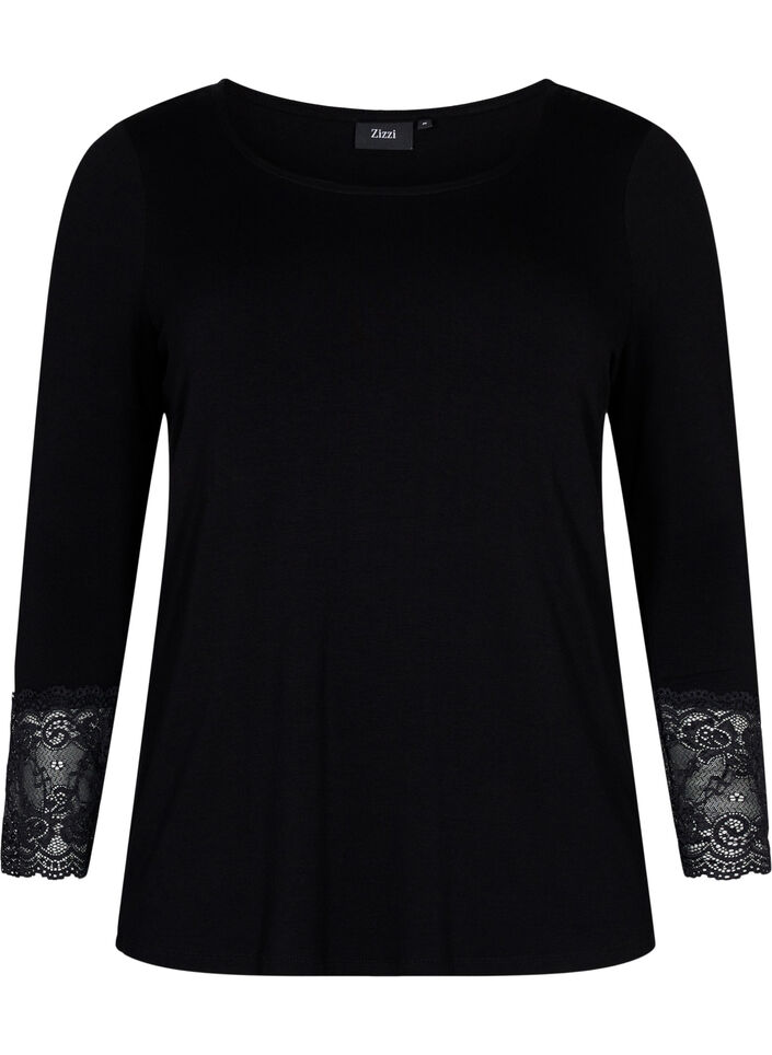 Long-sleeved viscose blouse with lace detail, Black, Packshot image number 0