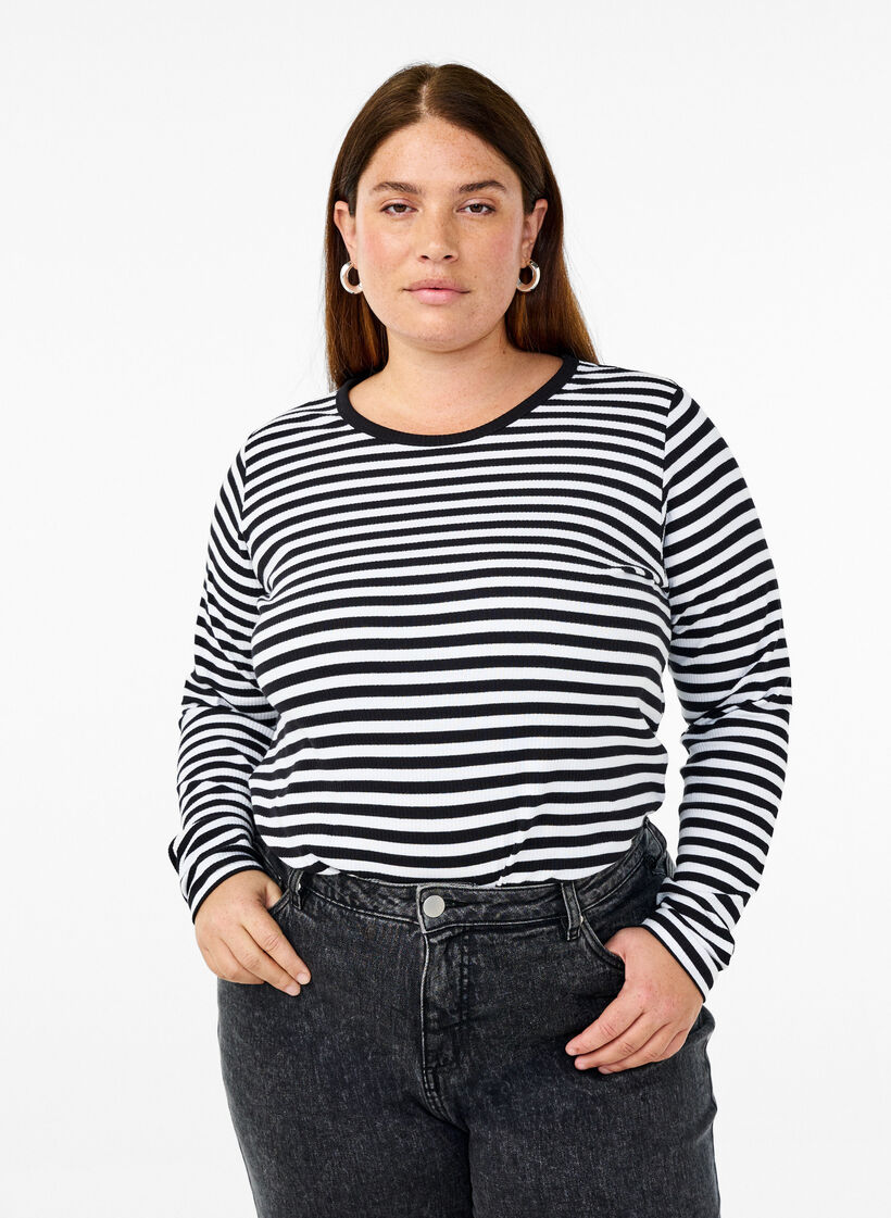 Striped blouse with long sleeves, Black, Model image number 0