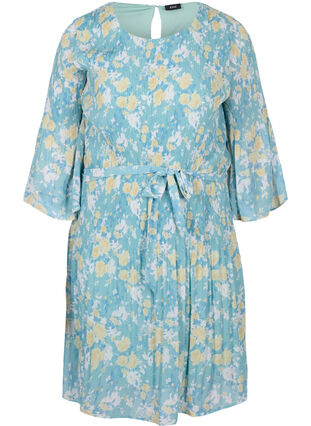 Printed pleated dress with tie string, Cameo Blue Flower, Packshot image number 0