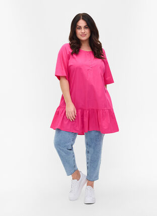 Short-sleeved A-line tunic in cotton, Magenta, Model image number 2