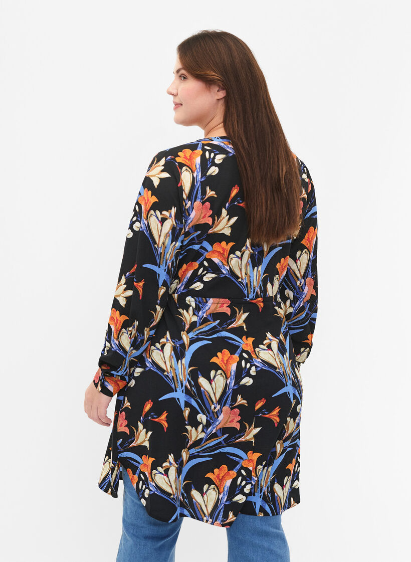 Printed dress with drawstring at the waist, Black Flower AOP, Model image number 1