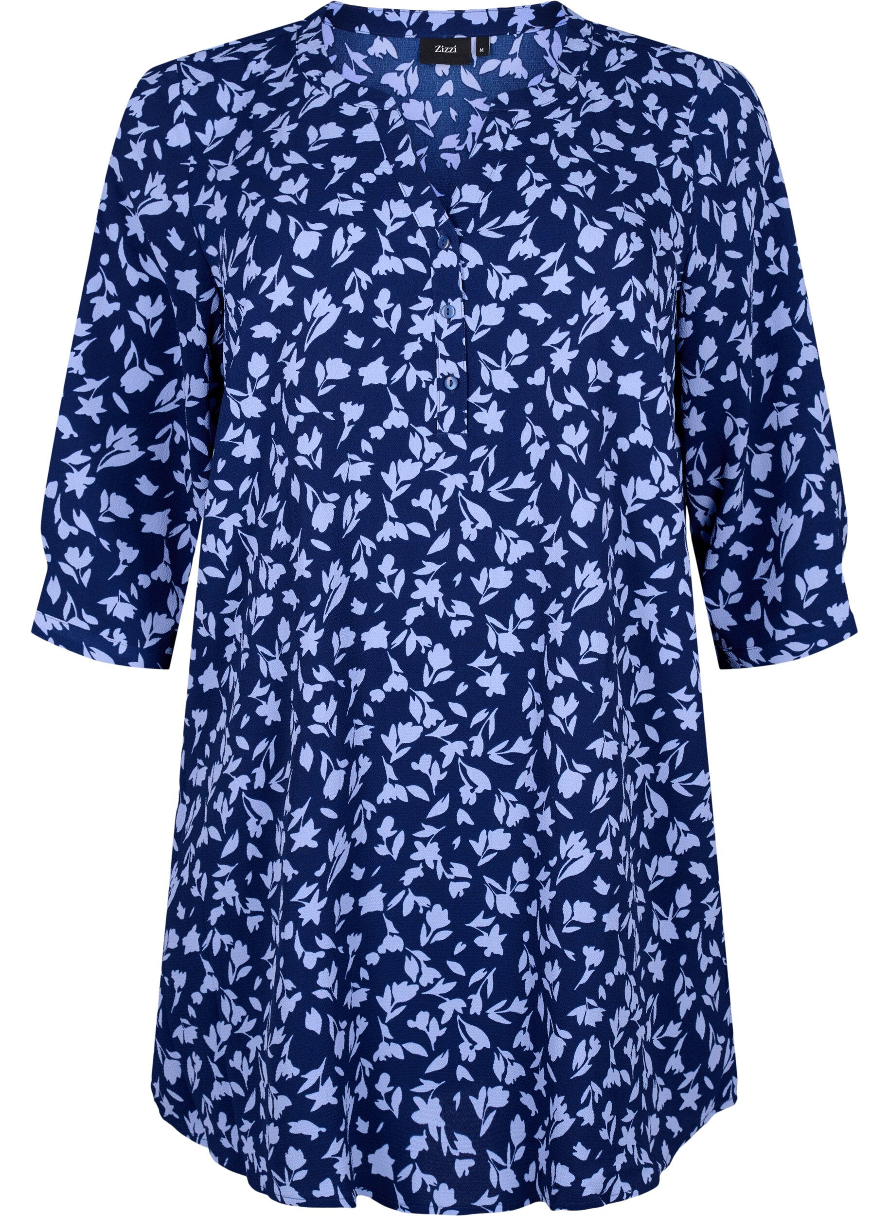 Zizzifashion Floral tunic with 3/4 sleeves, M. Blue Flower AOP, Packshot image number 0