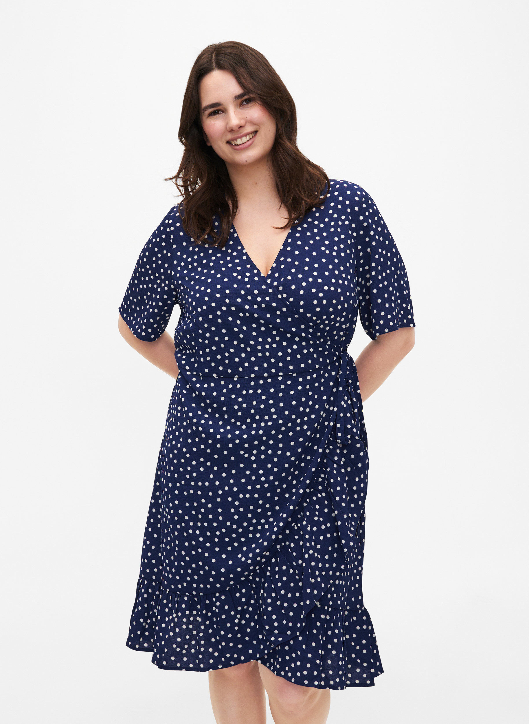 Zizzifashion Printed wrap dress with short sleeves, Blue, Model image number 0