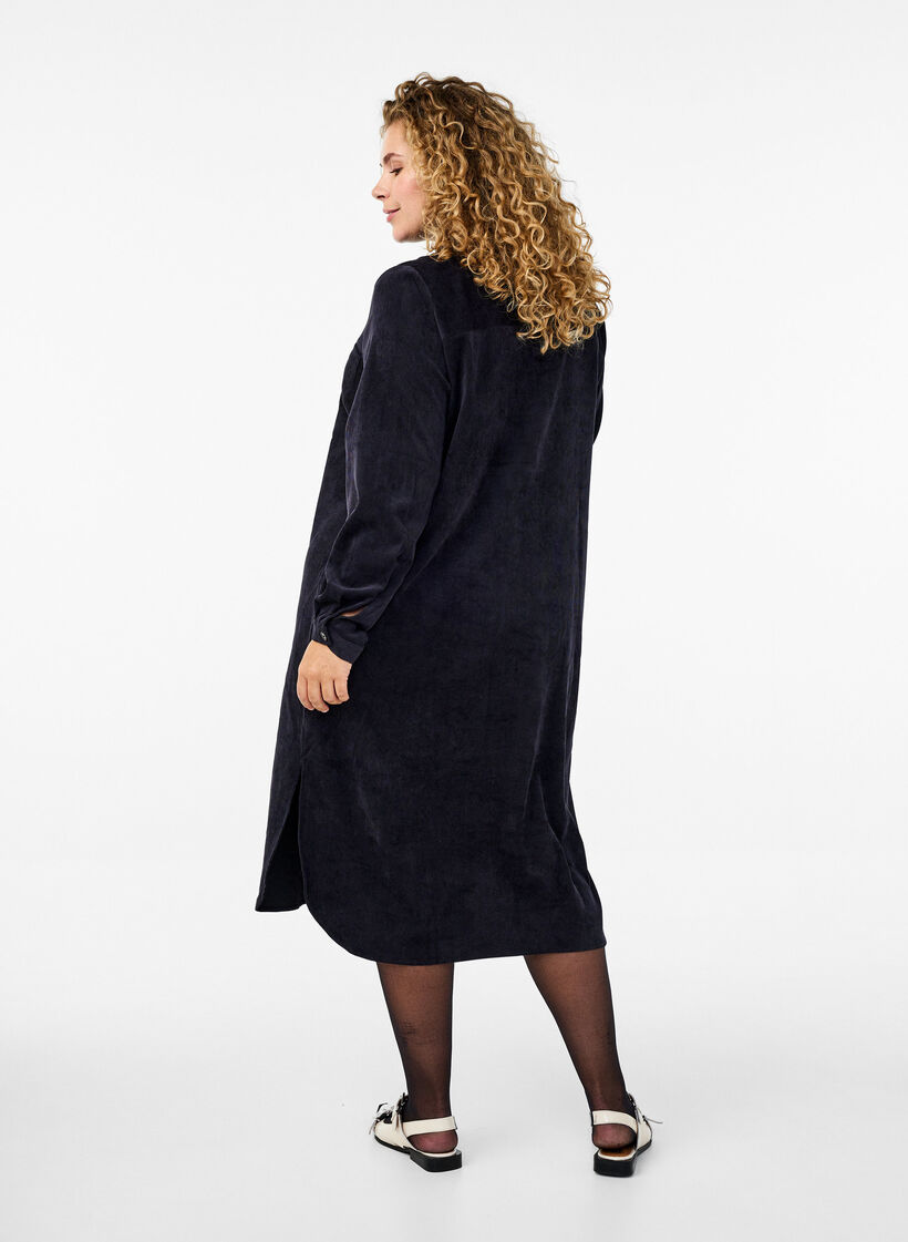 Long corduroy shirt dress with buttons, Black, Model image number 1
