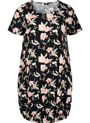 Short-sleeved, printed cotton dress, Black Rose Flowers, Packshot image number 0