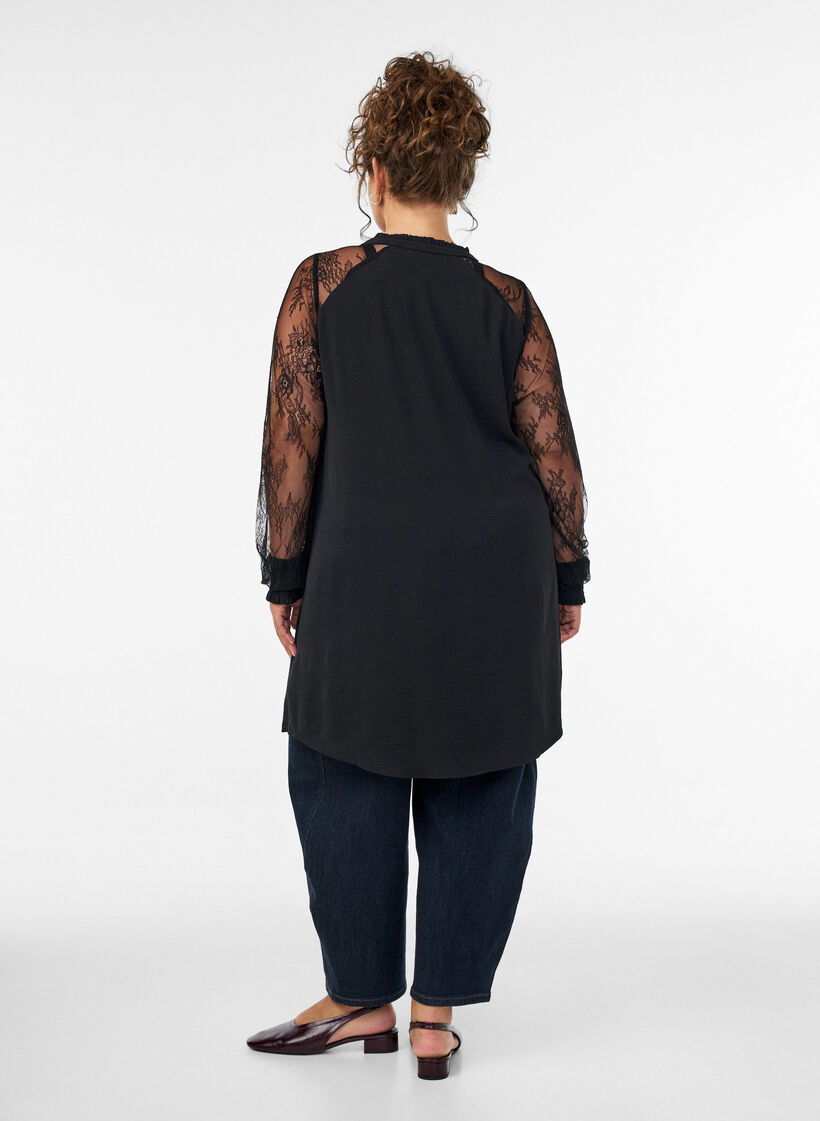 Tunic with sheer lace sleeves, Black, Model image number 2
