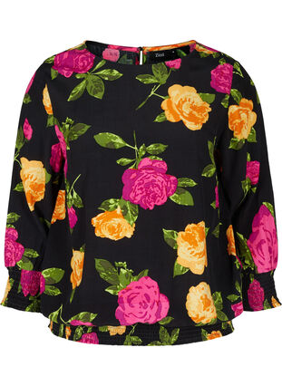 Floral viscose blouse with 3/4-length sleeves and smocking, Black Flower AOP, Packshot image number 0