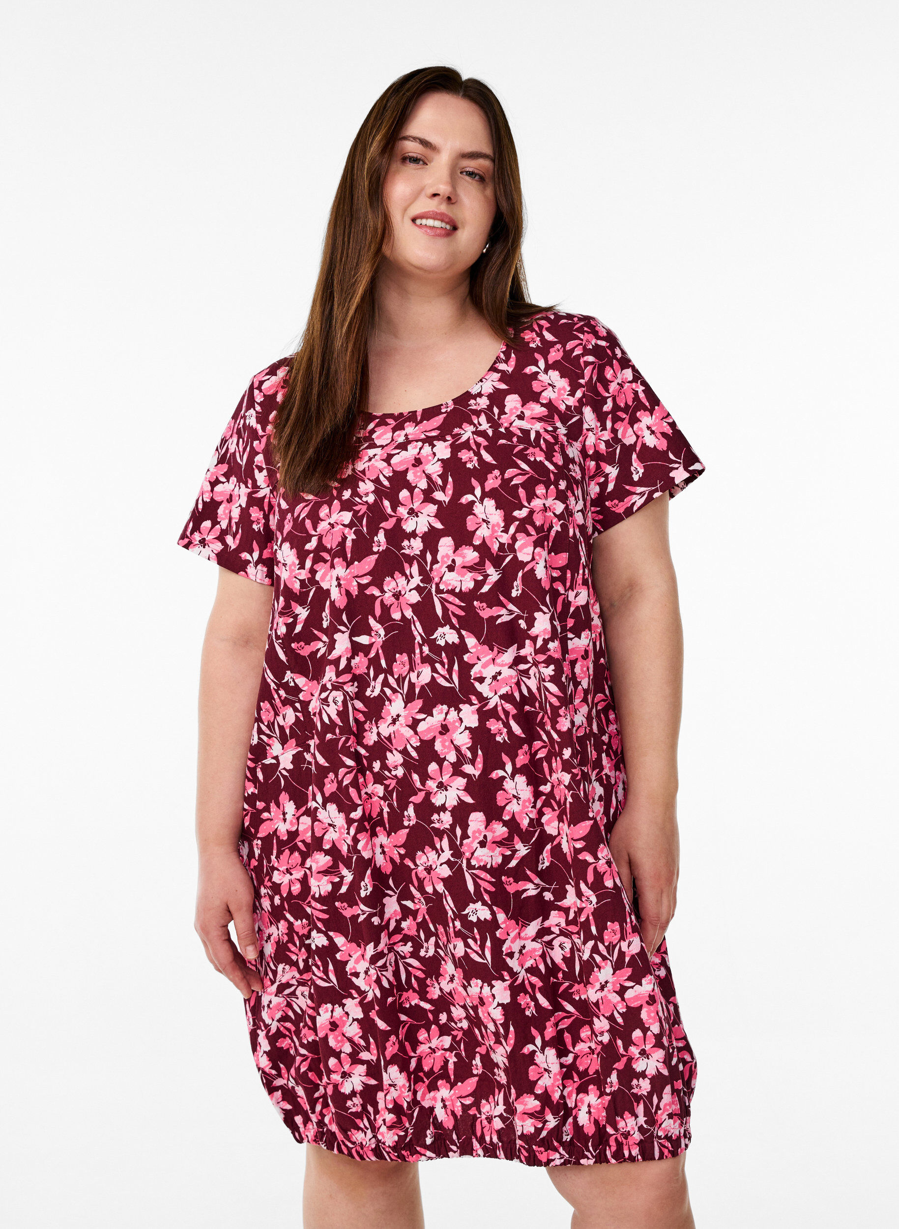 ZizzifashionShort-sleeved cotton dress with print, Dark Bordeaux, Model image number 0