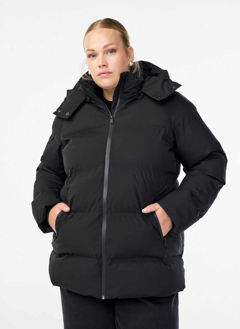 Short puffer jacket with detachable hood, Black, Model image number 0
