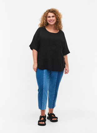 Short-sleeved blouse in 100% linen, Black, Model image number 2