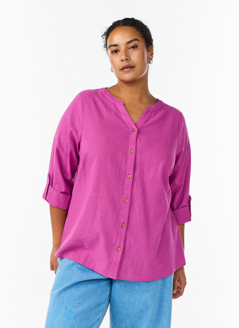 Cotton shirt blouse with V-neck, Pink, Model image number 0