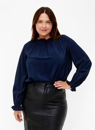 Long-sleeved viscose blouse with ruffles, Total Eclipse, Model image number 0