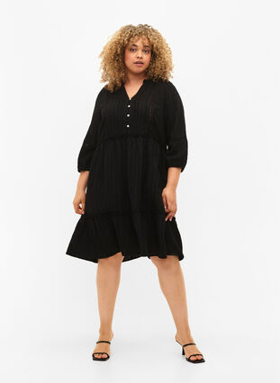 Striped viscose dress with lace band and 3/4 sleeves, Black, Model image number 2
