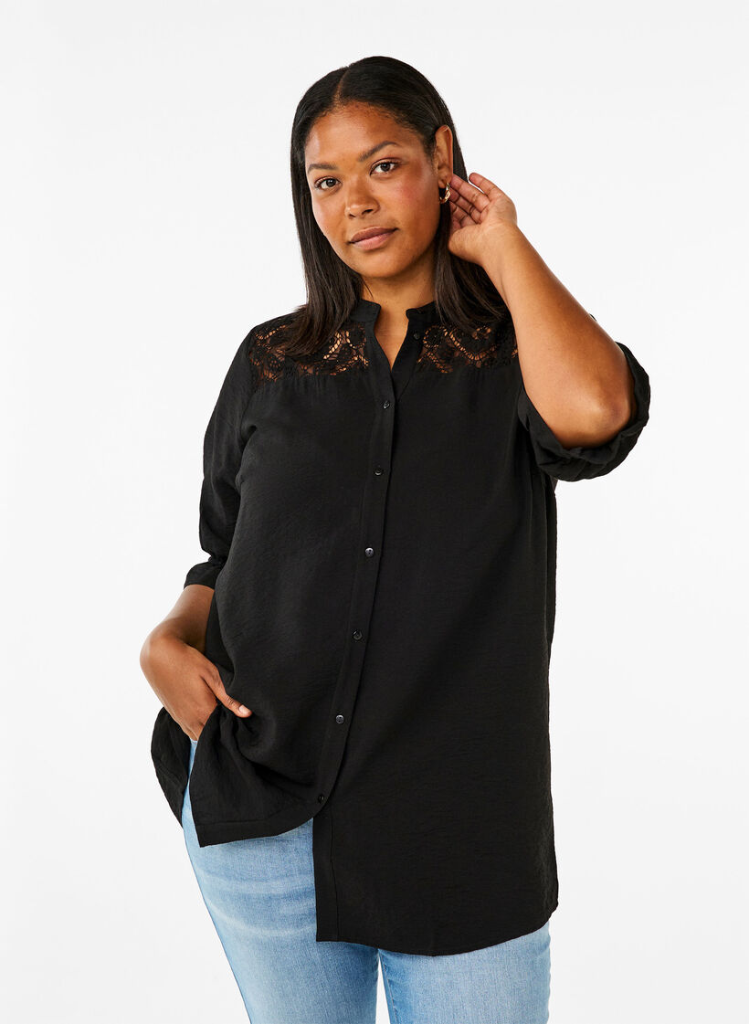 Long viscose shirt with lace detail, Black, Model image number 0