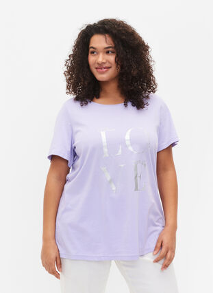 	 Short sleeve cotton t-shirt with print, Lavender W. Love, Model image number 0