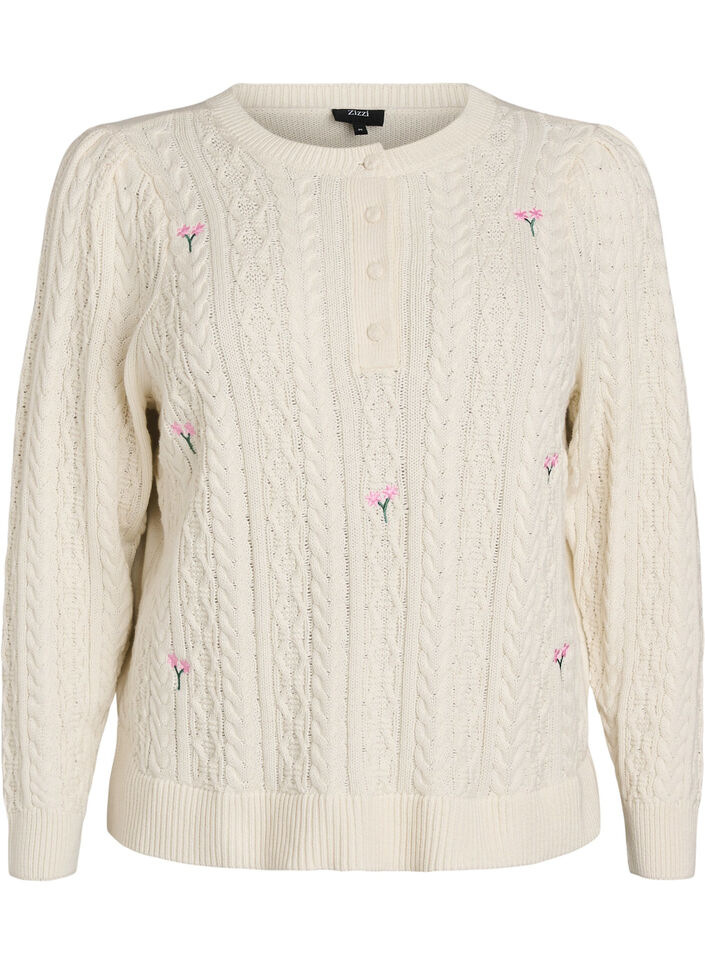 Knit blouse with cable pattern and embroidered flowers, White, Packshot image number 0