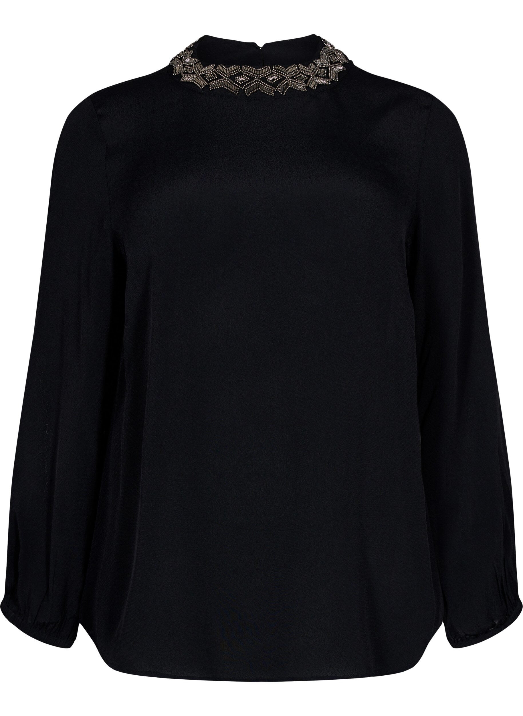 Zizzifashion Long-sleeved viscose blouse with pearls, Black, Packshot image number 0