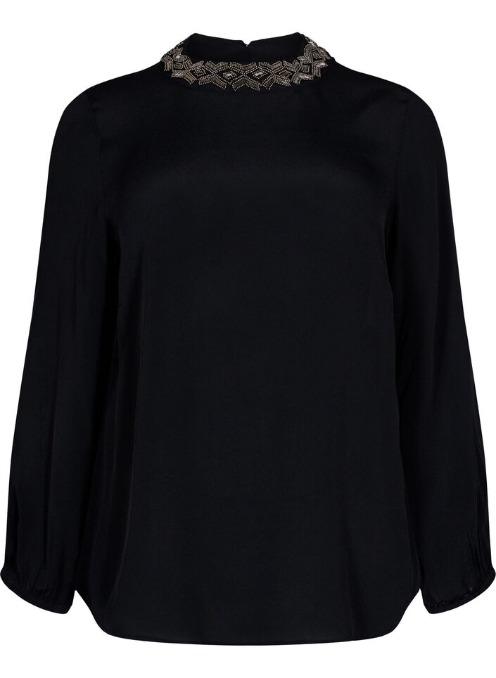Long-sleeved viscose blouse with pearls, Black, Packshot image number 0