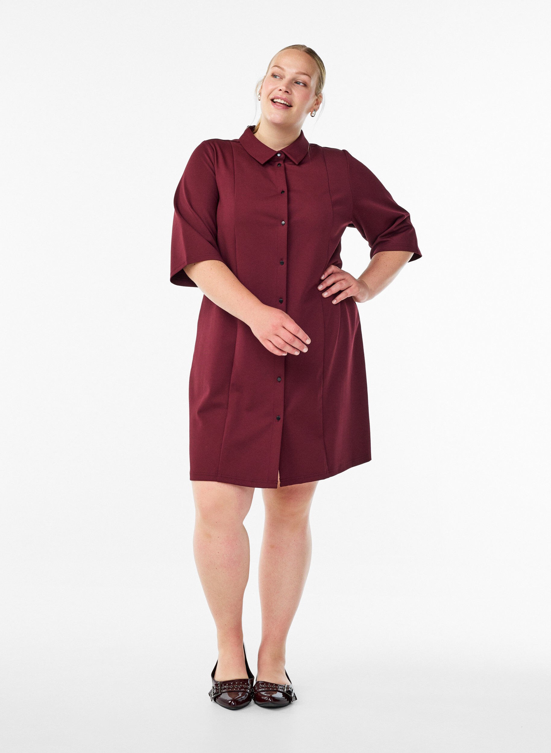 Zizzifashion Short shirt dress with 3/4 sleeves, Red, Model image number 1