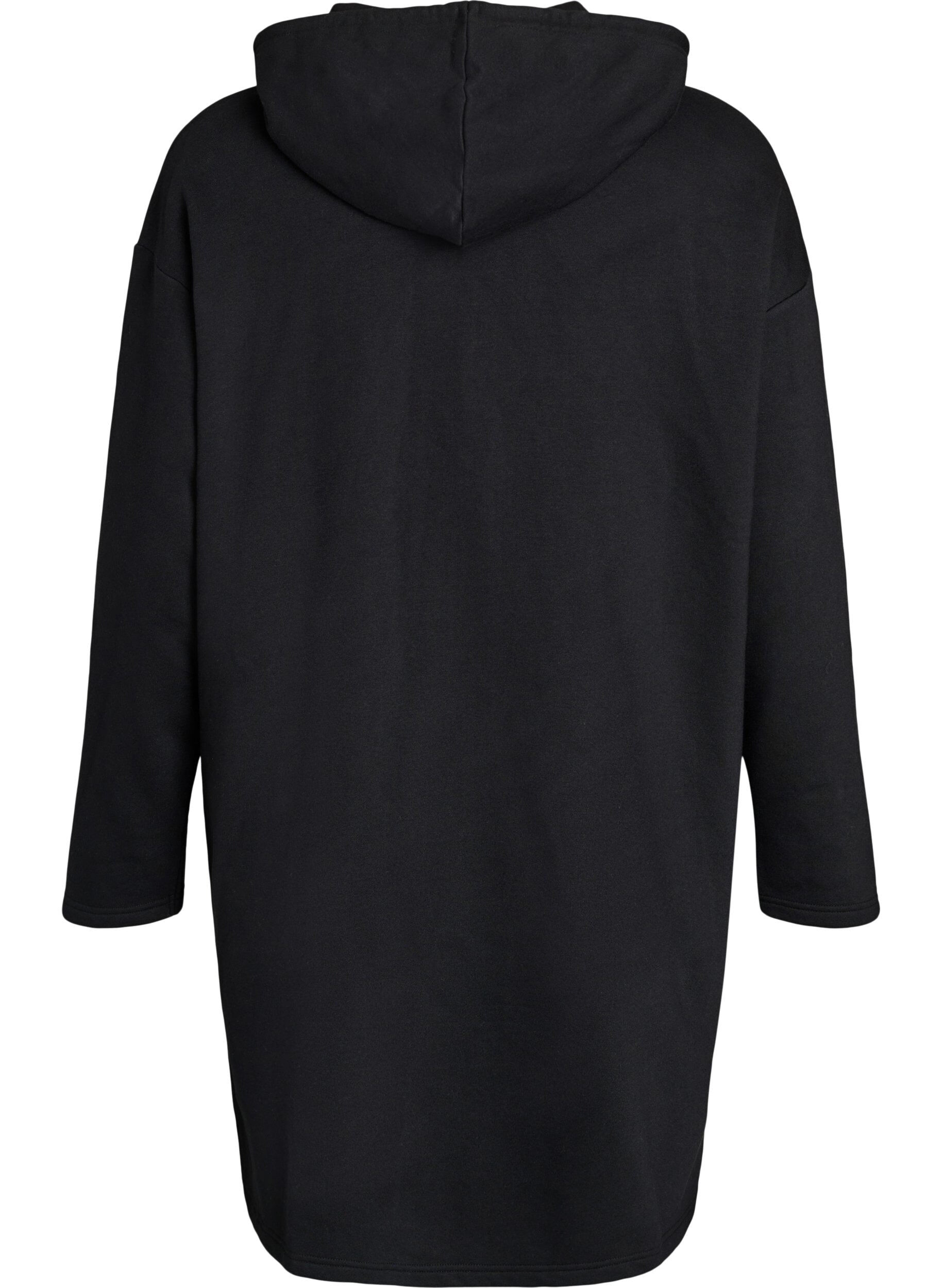 Zizzifashion Long cotton sweat cardigan with hood, Black, Packshot image number 1