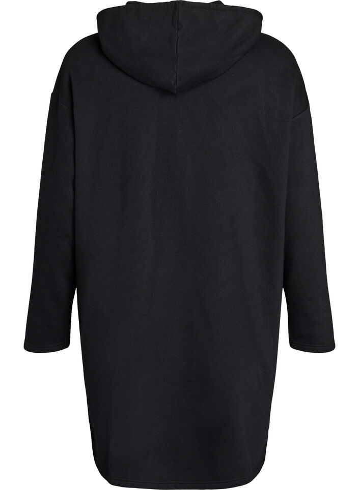 Long cotton sweat cardigan with hood, Black, Packshot image number 1