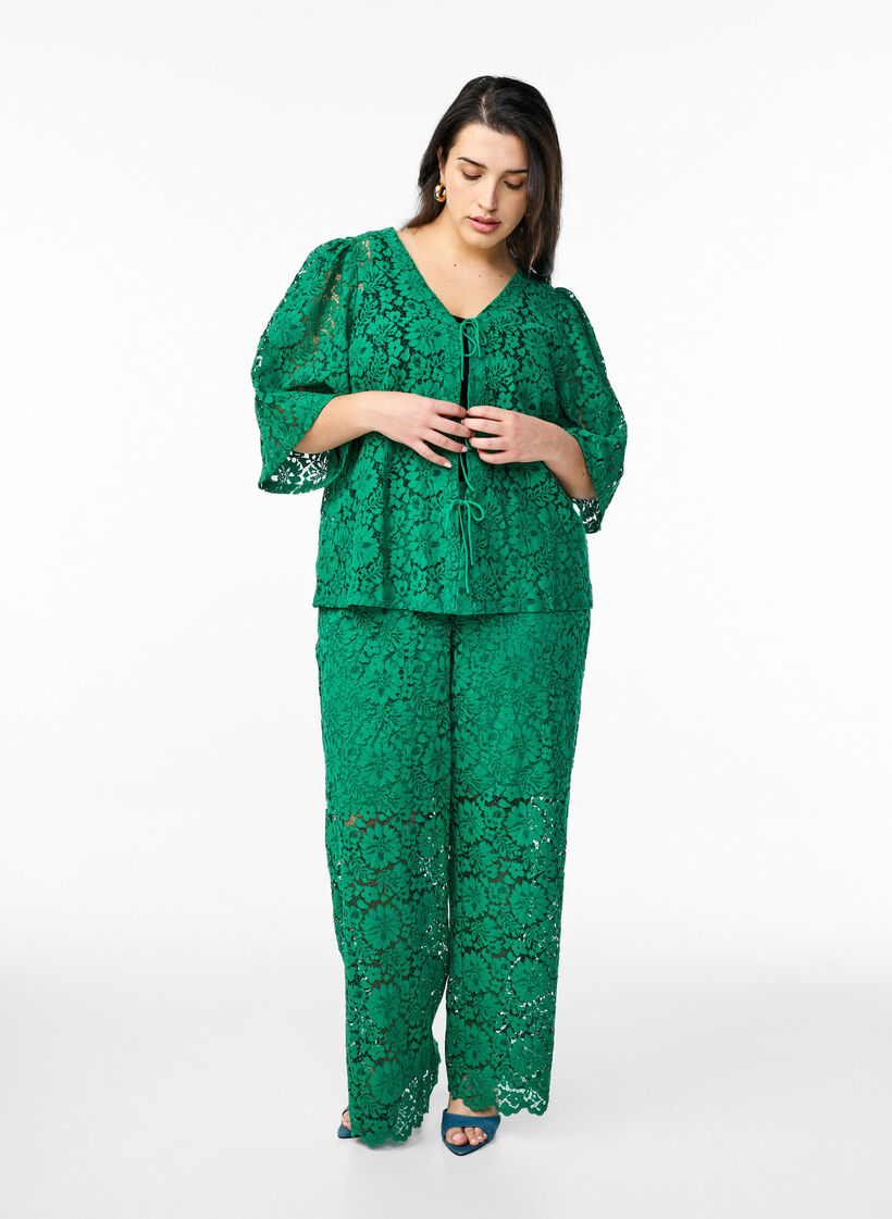 Lace blouse with 3/4 sleeves and bows on the front, Green, Model image number 1