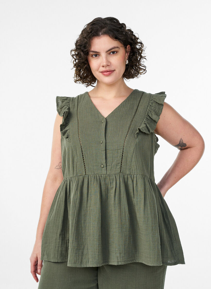 Sleeveless cotton muslin blouse with ruffles, Green, Model image number 0