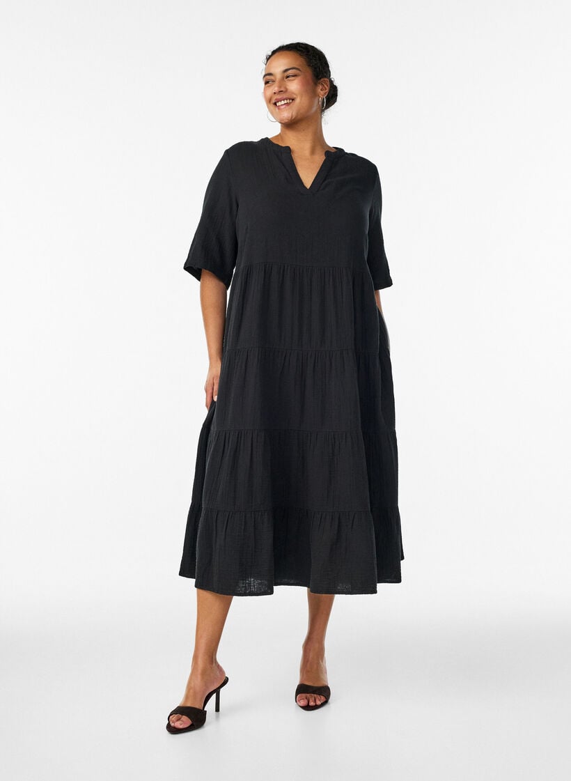 A-line midi dress in cotton muslin, Black, Model image number 1