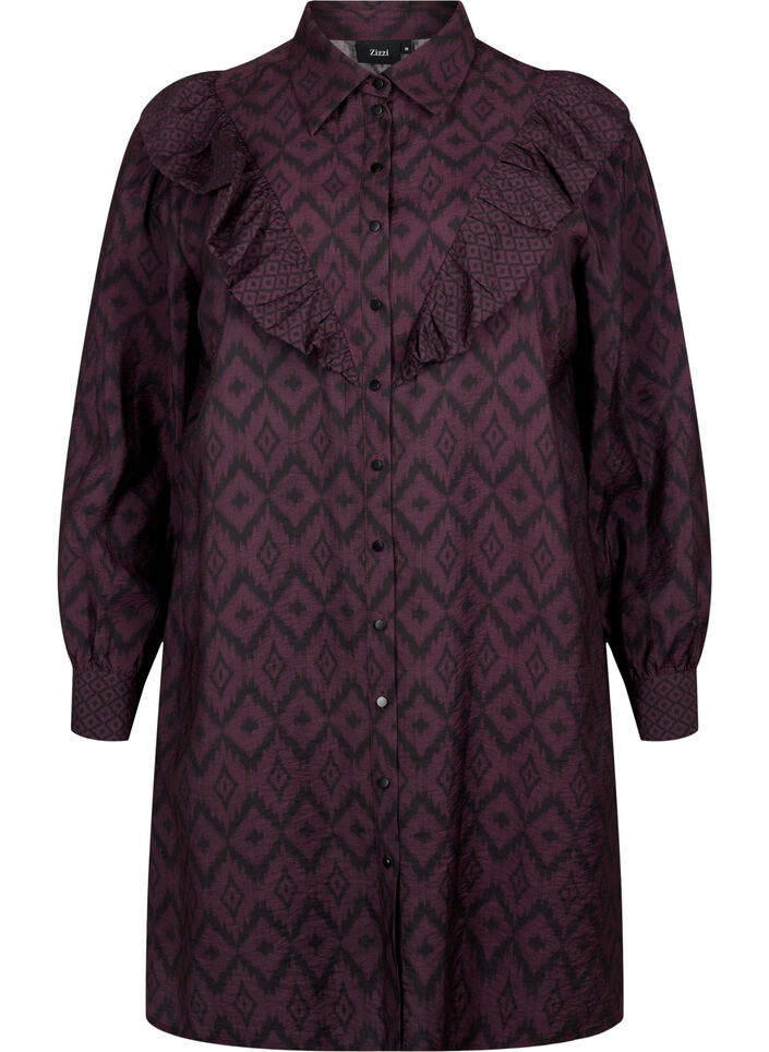 Long viscose shirt with print and frills, Winetasting w. Black, Packshot image number 0