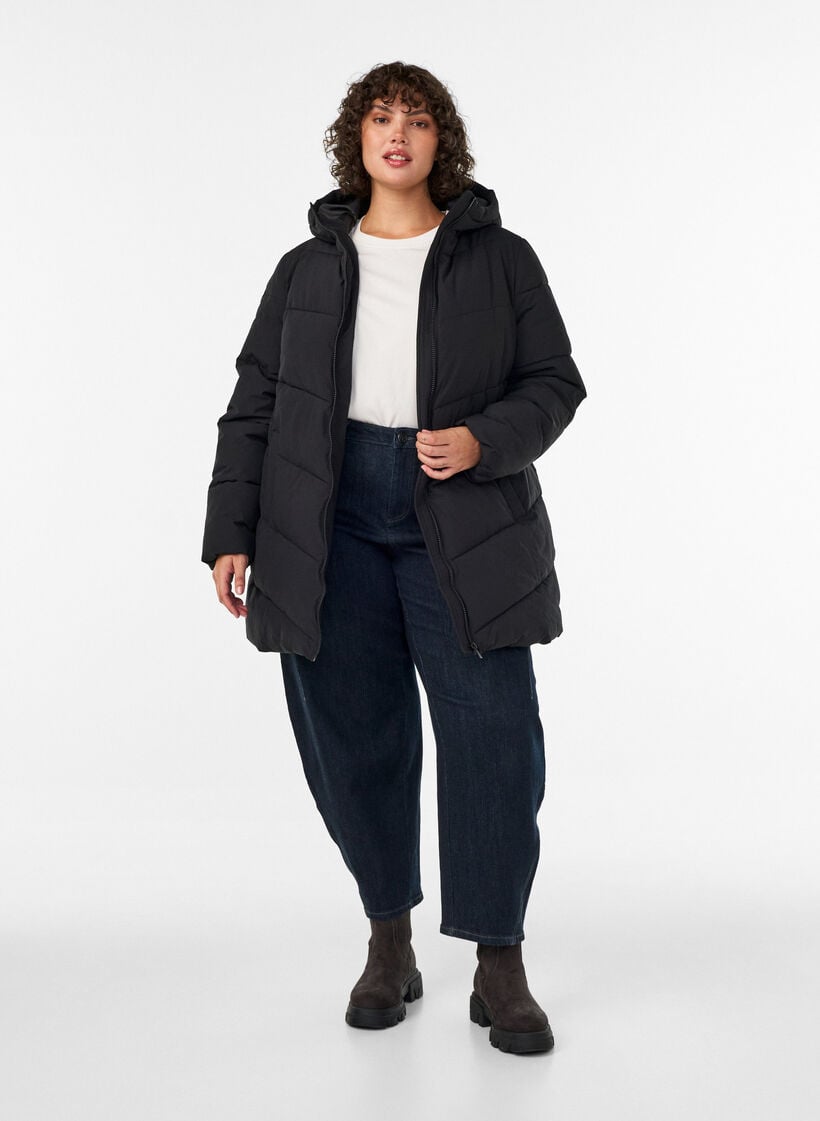 Mid-length puffer jacket with hood, Black, Model image number 1