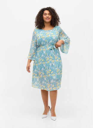 Printed pleated dress with tie string, Cameo Blue Flower, Model image number 2