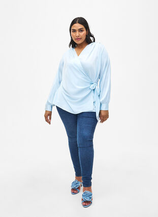 Satin party blouse with wrap, Delicate Blue, Model image number 2