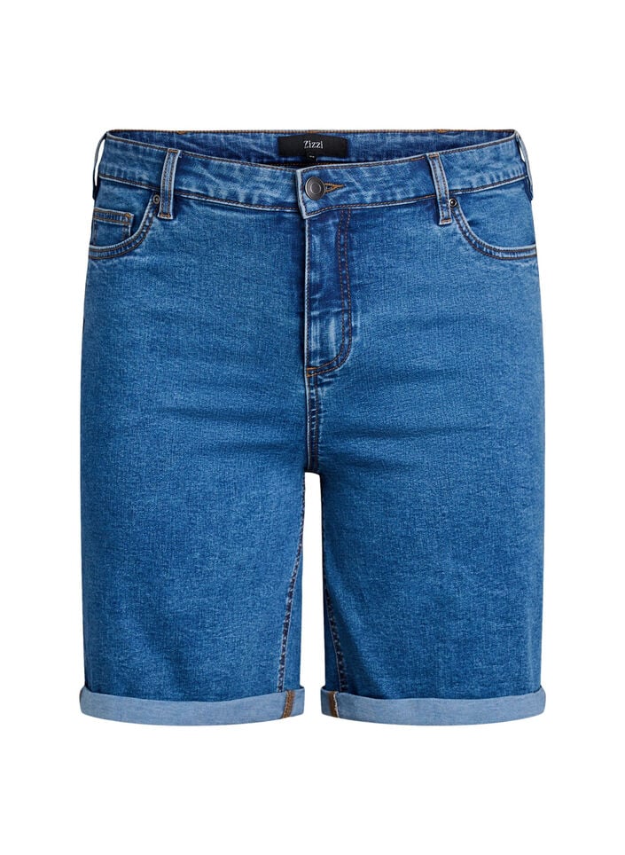 Fitted denim shorts with a high waist, Blue, Packshot image number 0