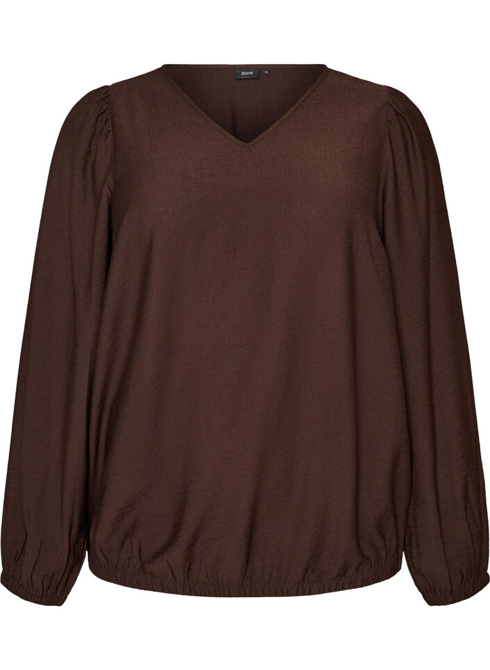 Viscose blouse with V-neck and balloon silhouette, Brown, Packshot image number 0