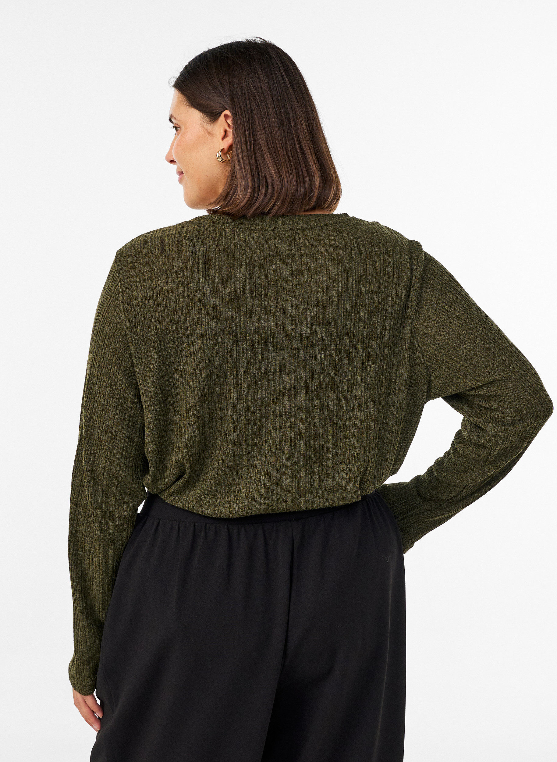 ZizzifashionJersey blouse with ribbed structure and long sleeves, Green, Model image number 2