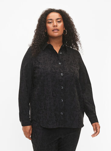 Viscose shirt jacket with tone-on-tone pattern, Black, Model image number 0