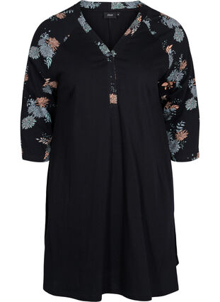 cotton night dress with printed detail, Black Flower AOP, Packshot image number 0