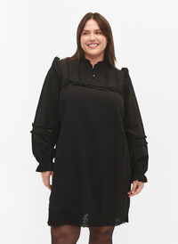 Viscose dress with broderie anglaise and ruffle details, Black, Model